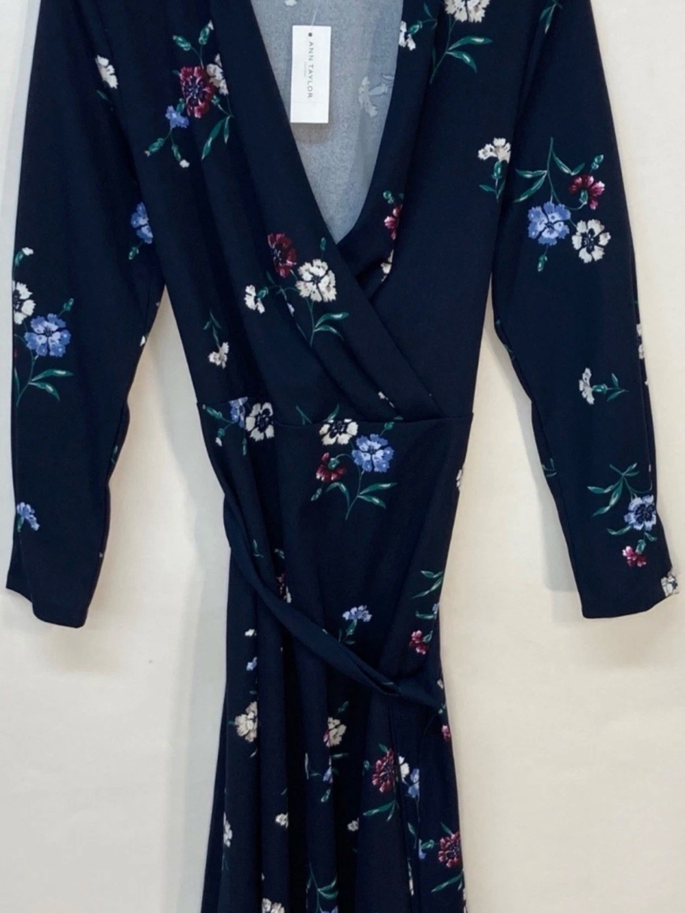 Ann Taylor Dark Navy Floral Wrap Dress with Tie Waist
